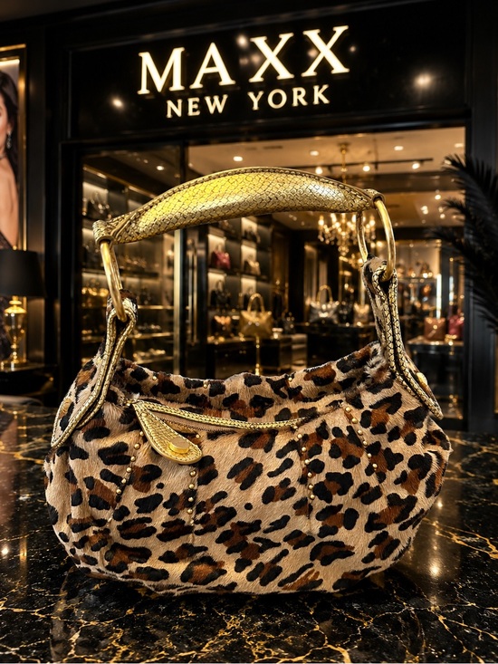 Maxx New York Handbags - Maxx New York Genuine Calfhair Leopard Print HoboBag Gold Leather Handle NWT Y2K